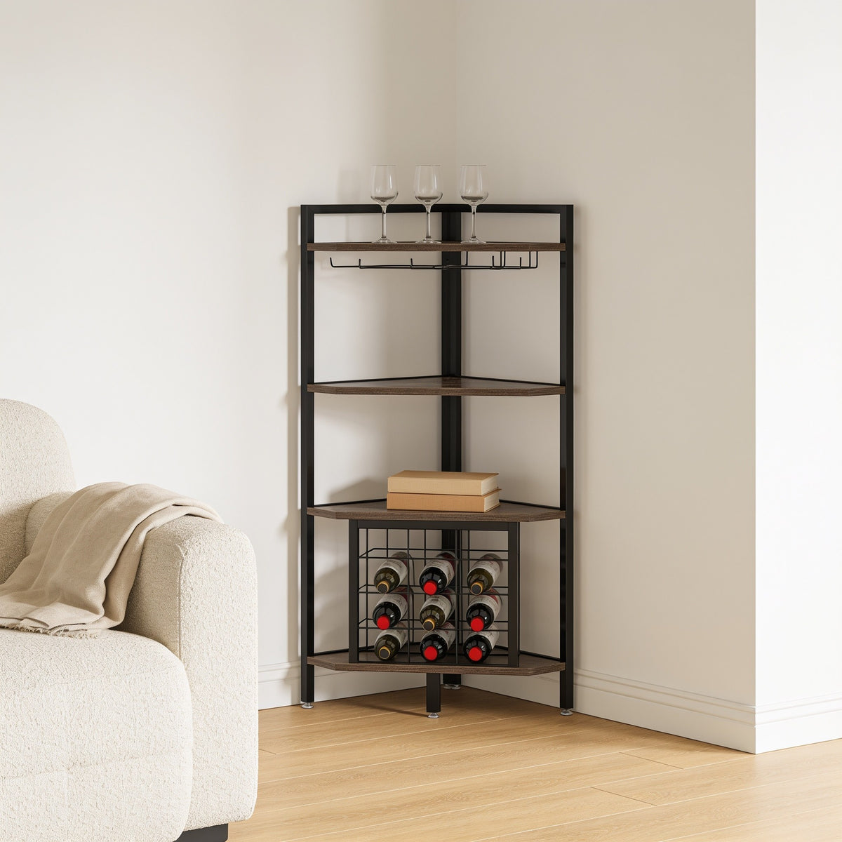 Black steel corner wine rack seen from the side in a living room, showing the depth of its four triangular wood shelves next to a cream armchair.