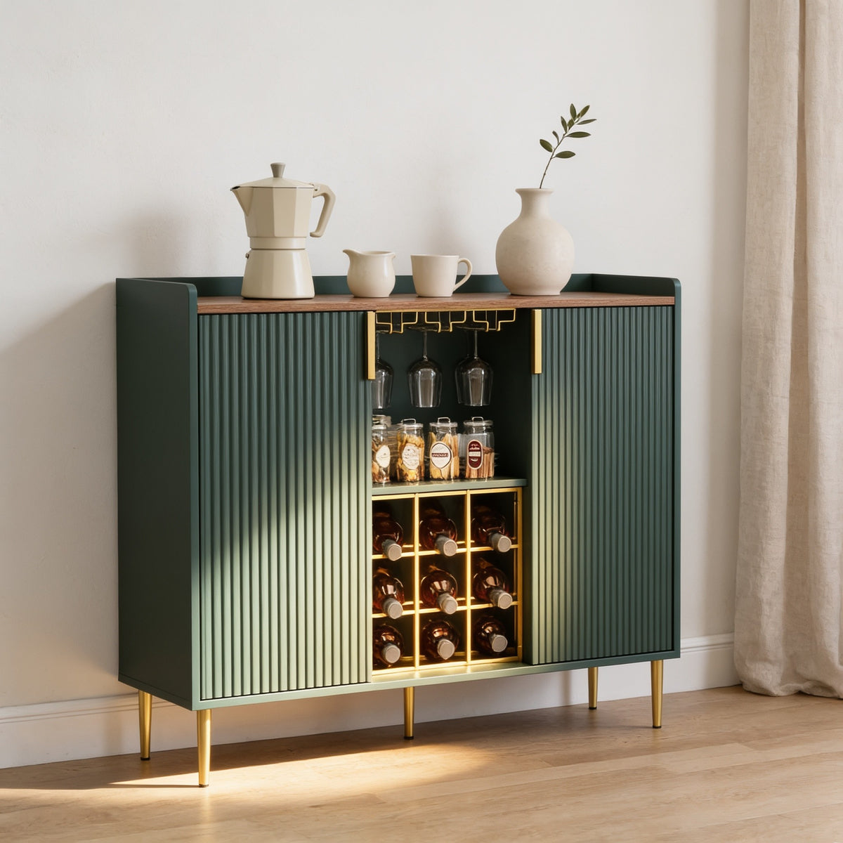 Forest green fluted coffee bar cabinet with walnut top, gold fittings and a nine-bottle wine rack.